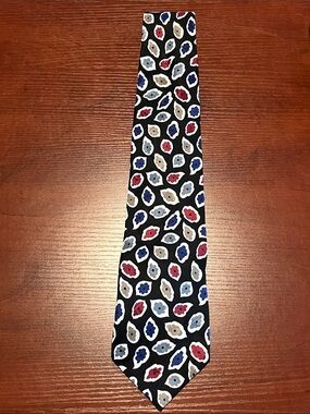 Terenzi Men's Black Floral silk Motif Tie with Red, Blue, Gray Accents - x-long
